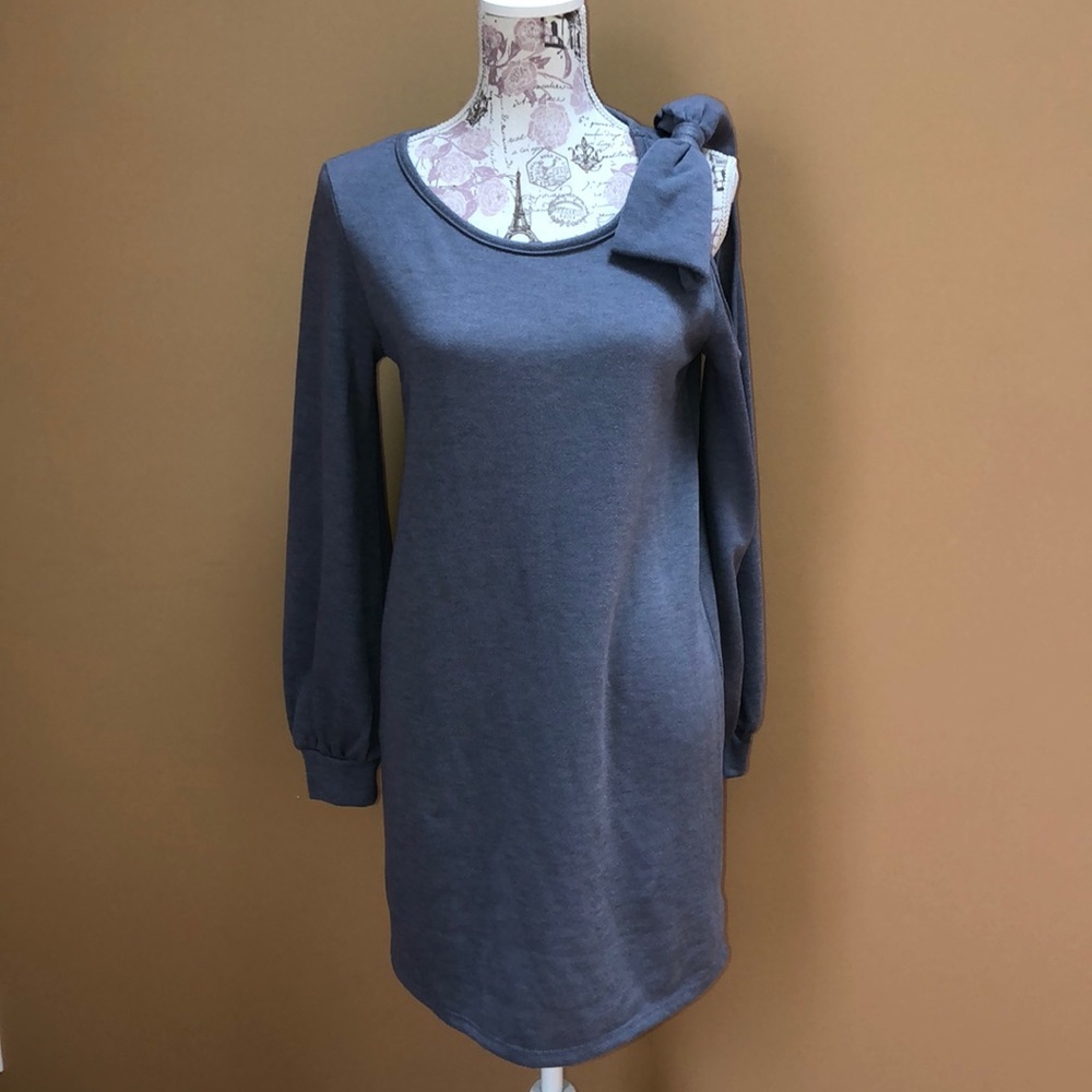 Everly Gray Ruffled Bishop Sleeve Sweater Dress